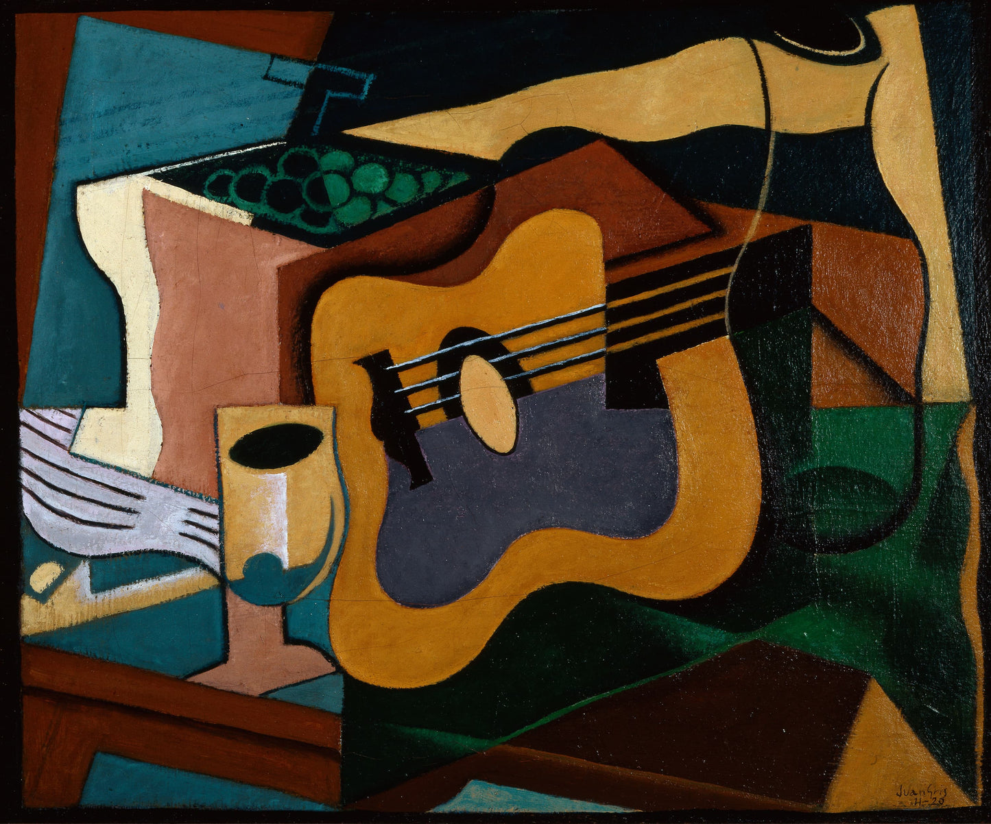 Cubist painting of a guitar and other objects on a table