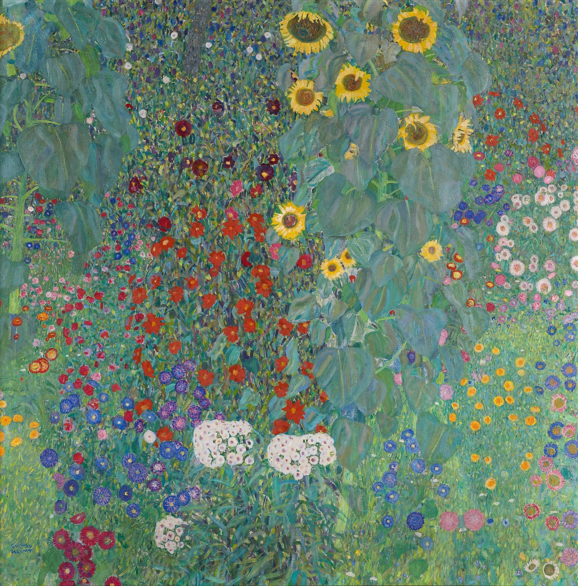 Giclée reproduction of Gustav Klimt's 1907 oil painting "Bauerngarten" (Farm Garden), vibrant Vienna Secession floral landscape.