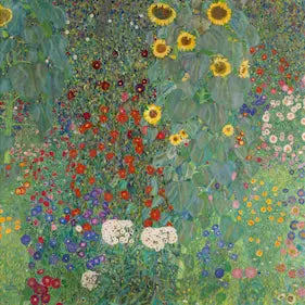 Giclée reproduction of Gustav Klimt's 1907 oil painting "Bauerngarten" (Farm Garden), vibrant Vienna Secession floral landscape.