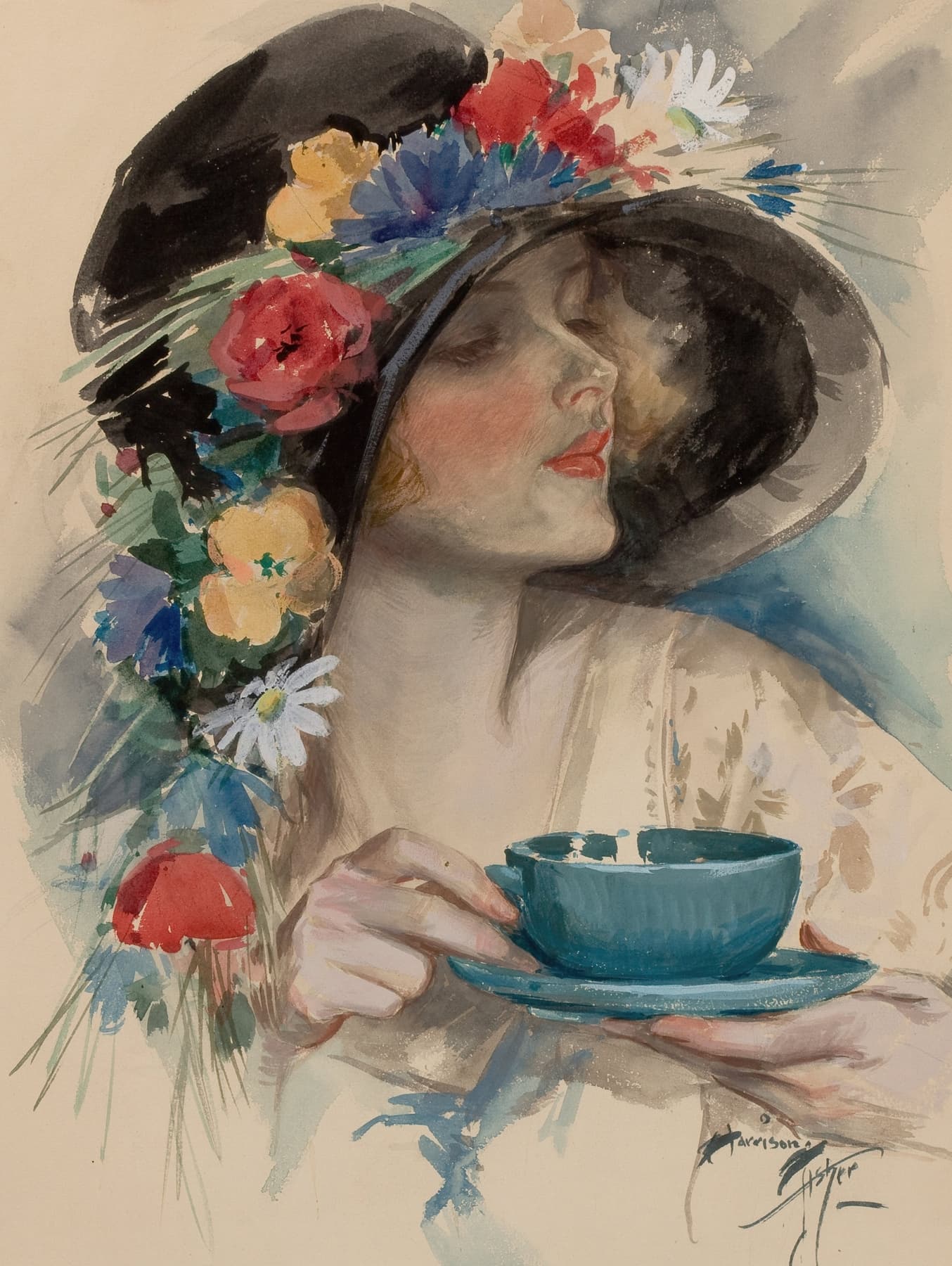 High quality Giclée reproduction of Harrison Fisher's 1925 Cosmopolitan magazine cover, "Afternoon Tea," featuring a glamorous woman in a floral hat.
