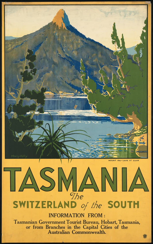 High quality Giclée reproduction of Harry Kelly's 1930s Art Deco travel poster for Tasmania, promoting it as "The Switzerland of the South."