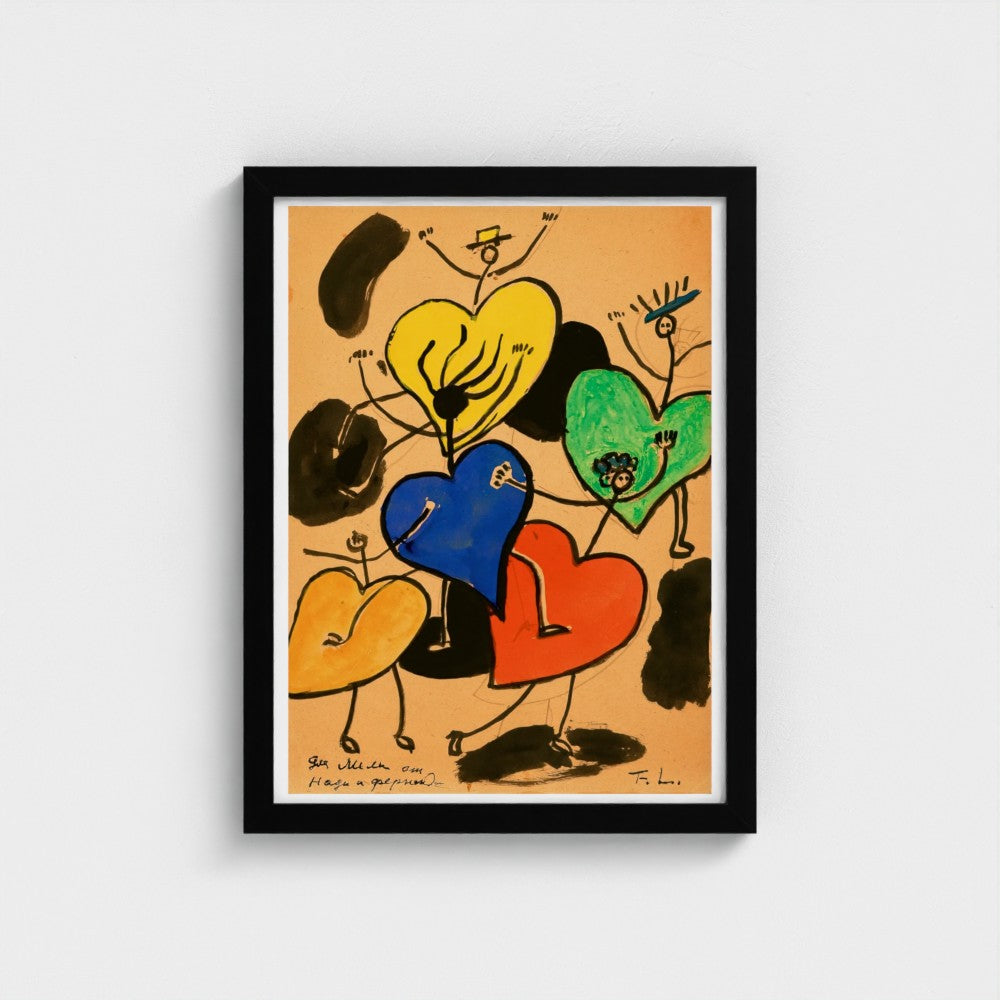 Framed artwork with colorful abstract hearts on a beige background