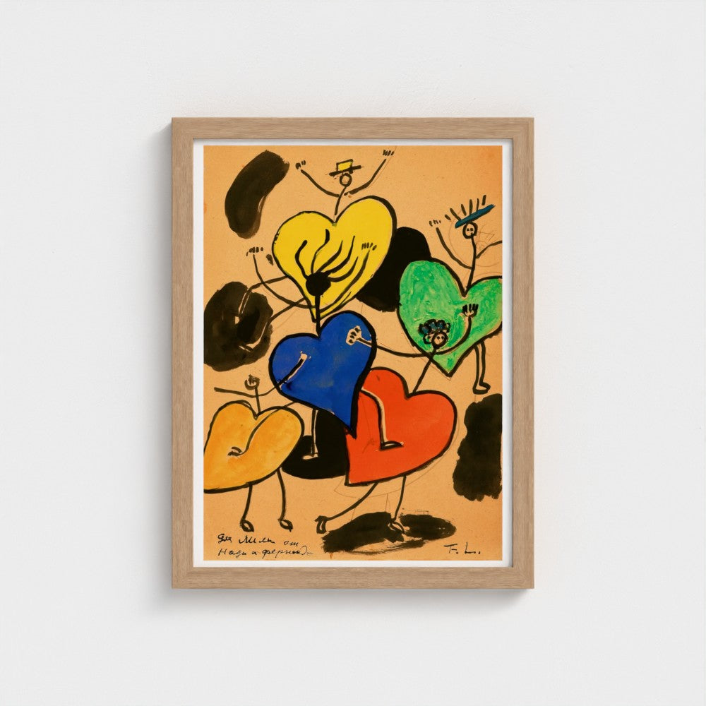 Framed artwork with colorful abstract hearts on a beige background
