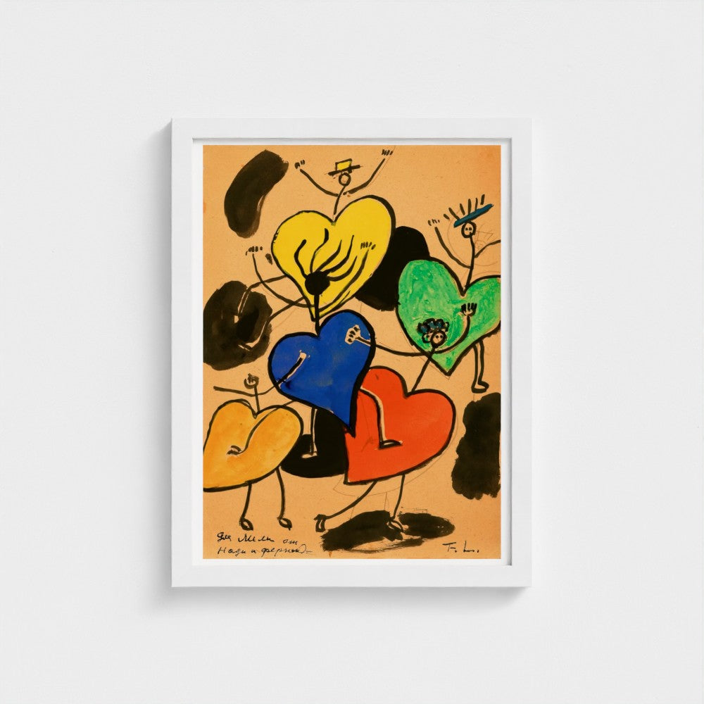 Framed abstract artwork with colorful hearts on a beige background