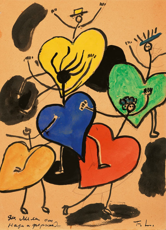 Colorful hearts with stick figures on a beige background