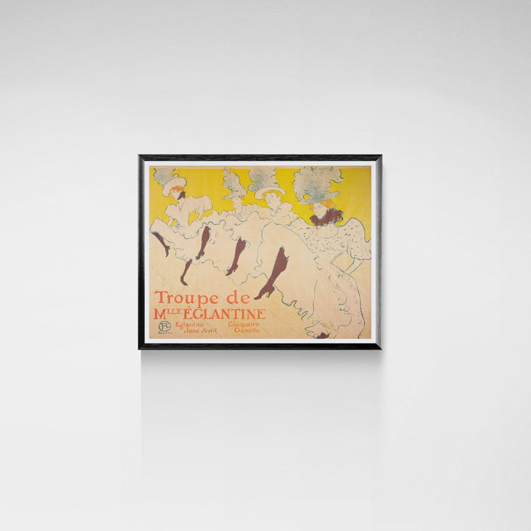 Framed vintage poster of 'Troupe de Mme Eglantine' on a white wall