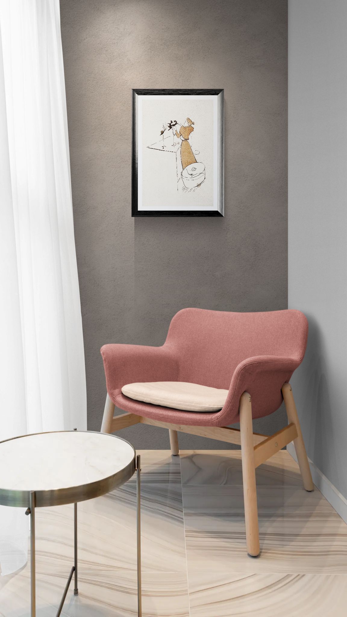 Pink chair with beige cushion in a room with a framed picture on the wall.