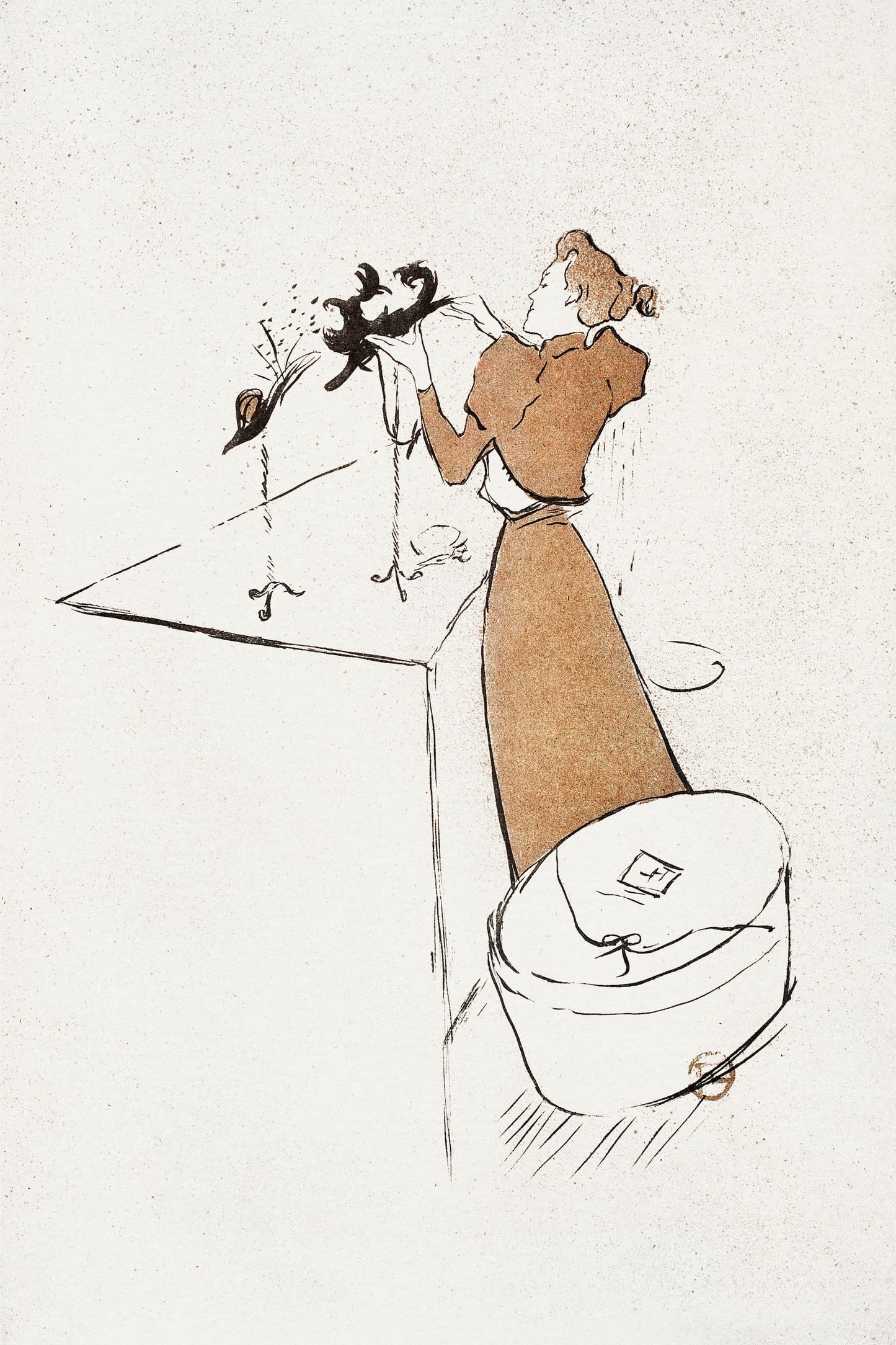 Illustration of a woman in a beige dress holding a black cat and a white bag with a gold clasp on a light background.