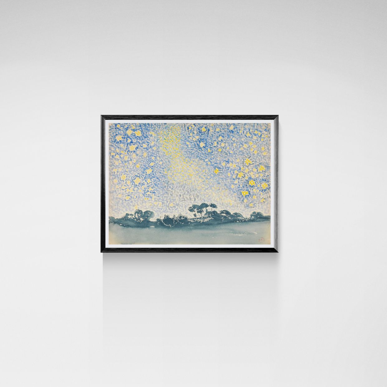 Framed artwork with a blue and yellow abstract design on a white wall