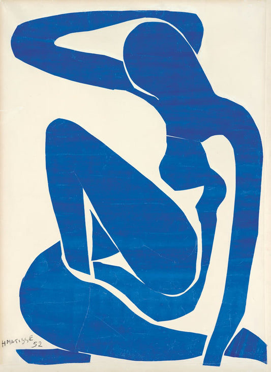 High quality Giclée reproduction of Henri Matisse's 1952 Blue Nude I cut-out, vibrant blue abstract female figure silhouette.