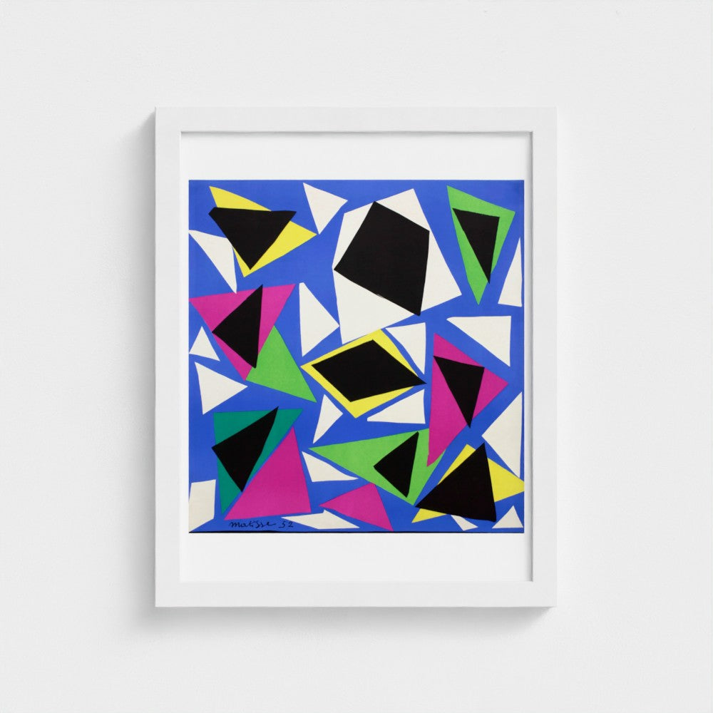 Framed abstract art print with colorful geometric shapes on a white background