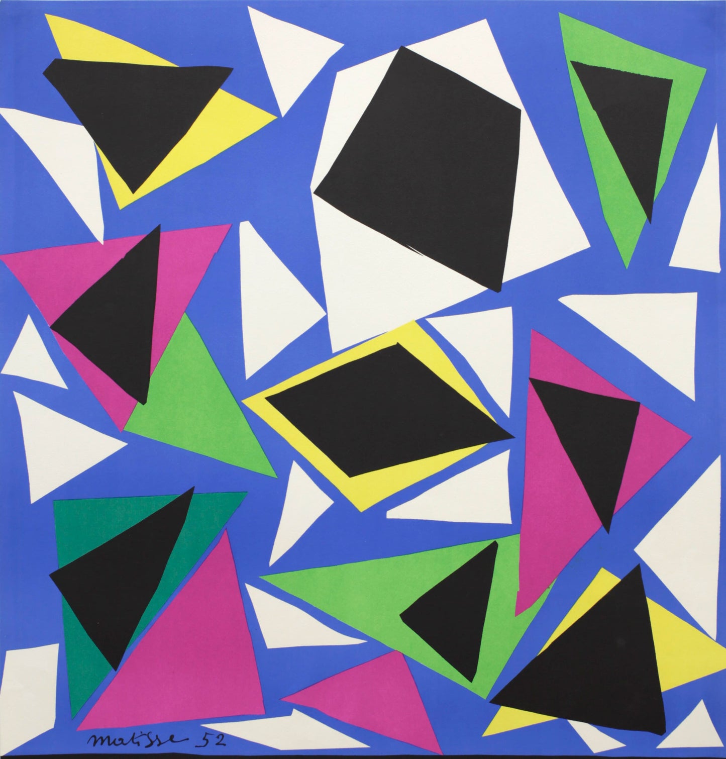 Abstract art piece with geometric shapes on a blue background