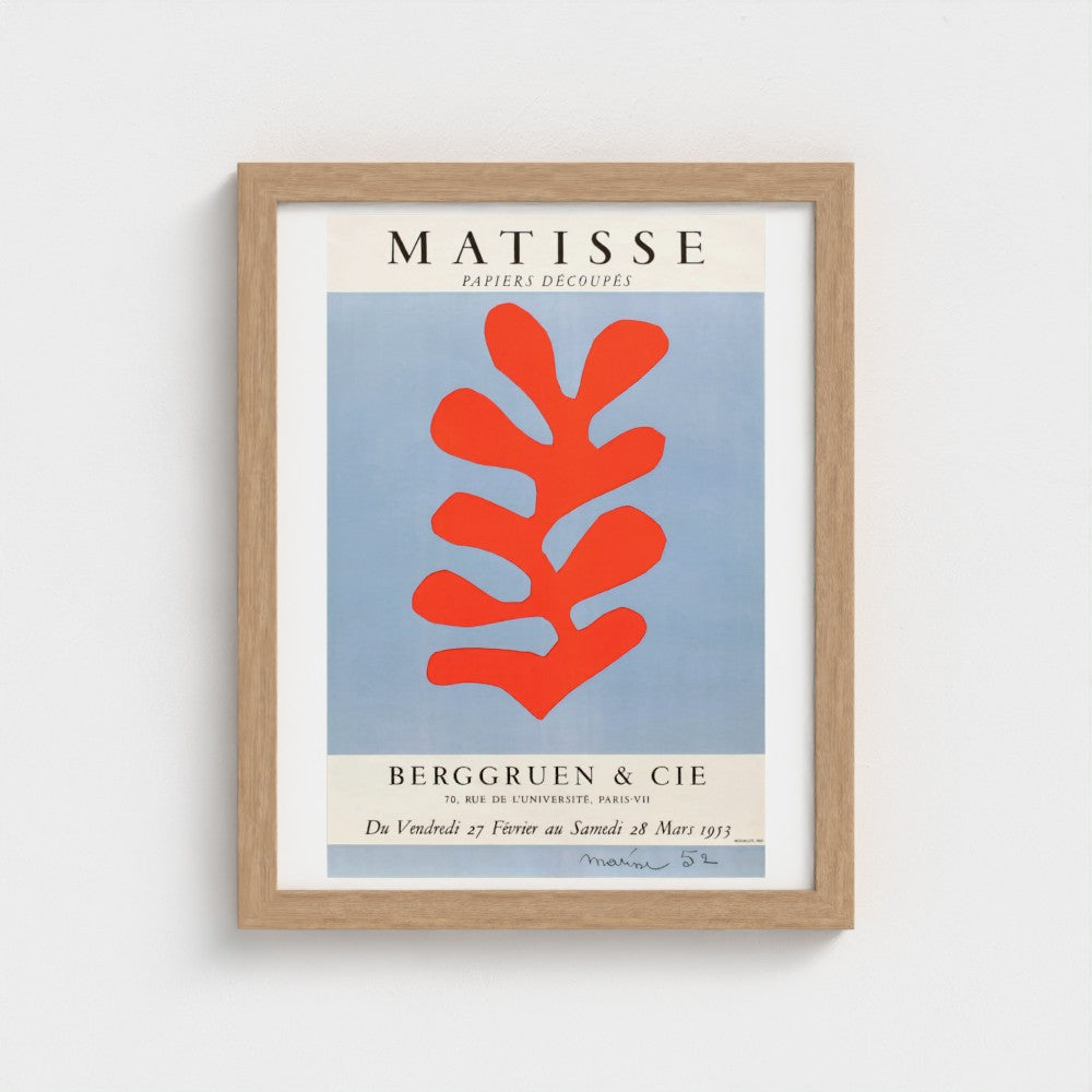 Framed Matisse poster with red abstract design on a light blue background