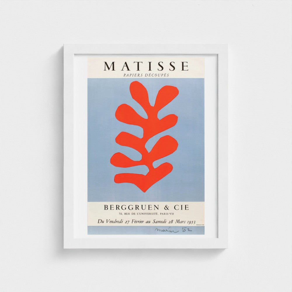 Framed Matisse poster with red abstract design on a blue background