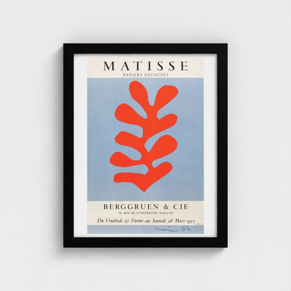 Framed Matisse poster with red abstract design on a light blue background