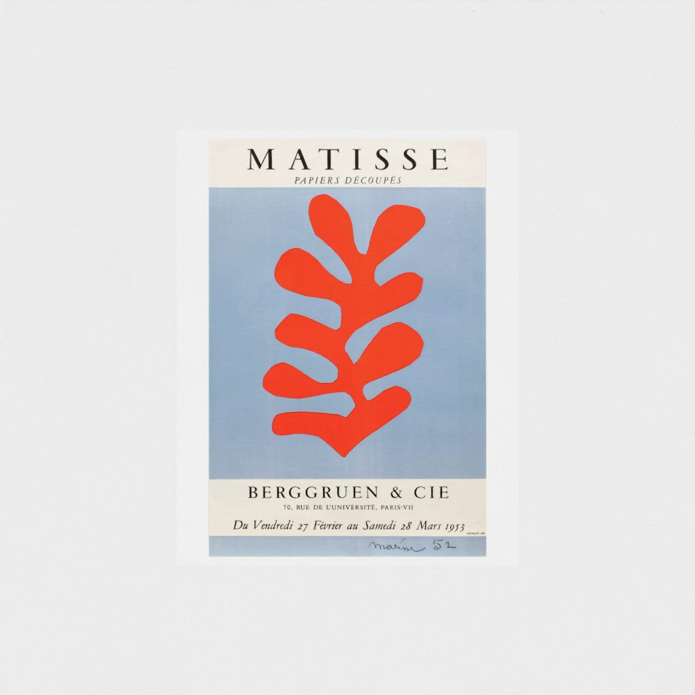 Poster with red abstract design on a light blue background, featuring the text 'Matisse' and 'Berggruen & Cie'.