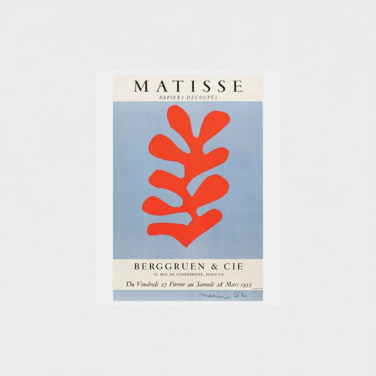 Poster with red abstract design on a light blue background, featuring the text 'Matisse' and 'Berggruen & Cie'.