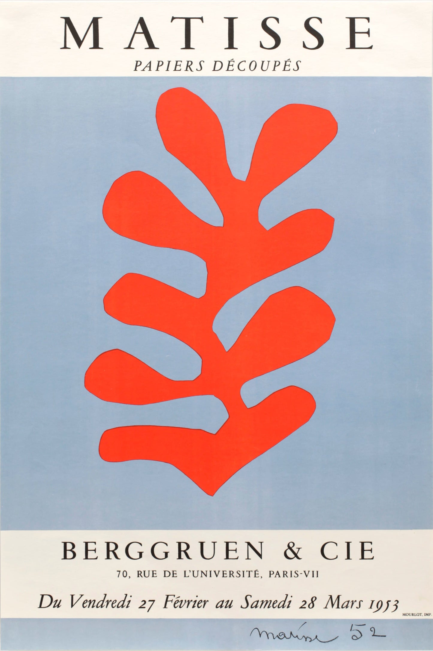 Poster featuring a red abstract leaf design on a light blue background, with text about an exhibition by Matisse.