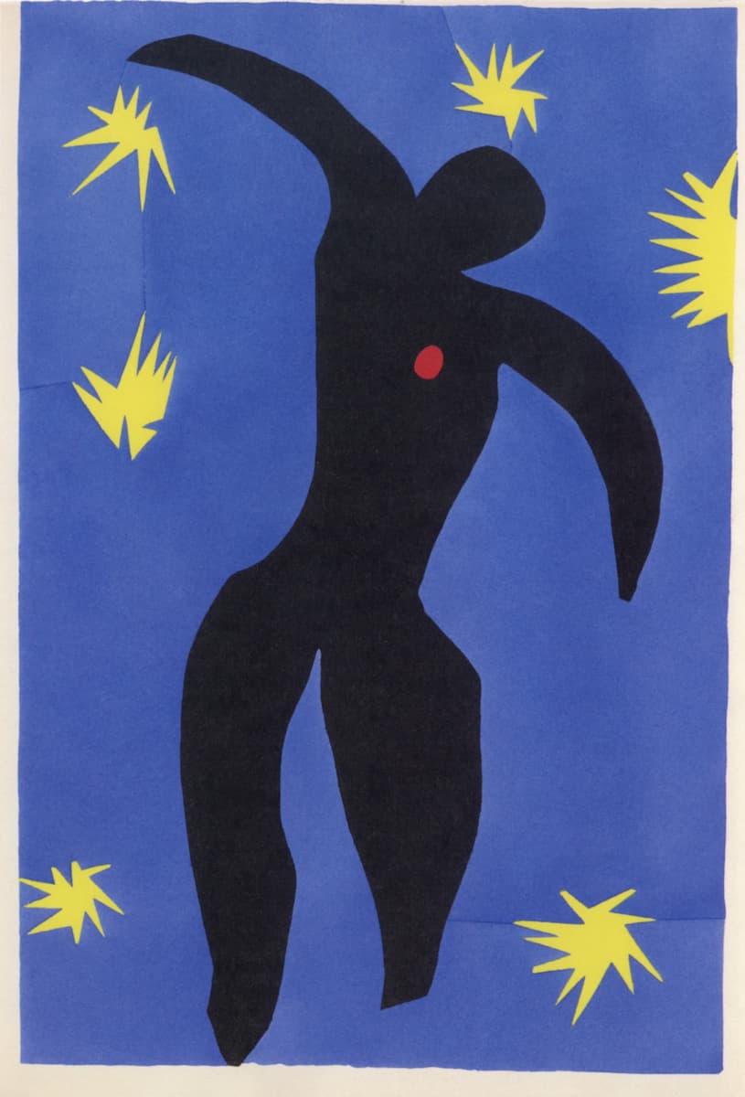 A graphic art print featuring a black silhouette of a dancing figure with a small red heart on the chest, set against a vibrant blue background with yellow starburst shapes.