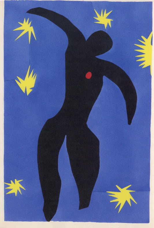 A graphic art print featuring a black silhouette of a dancing figure with a small red heart on the chest, set against a vibrant blue background with yellow starburst shapes.