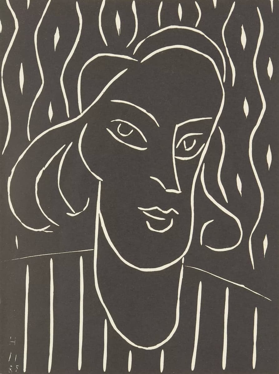 Black and white line drawing of a woman's face with wavy hair on a black background
