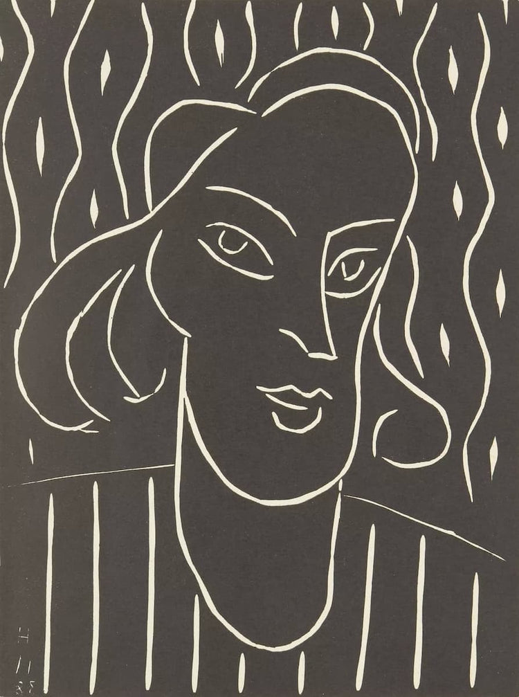 Black and white line drawing of a woman's face with wavy hair on a black background
