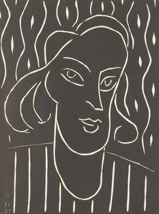 High quality Giclée reproduction of Henri Matisse's 1938 linocut portrait, featuring a woman's head in high-contrast black and white graphic art style.