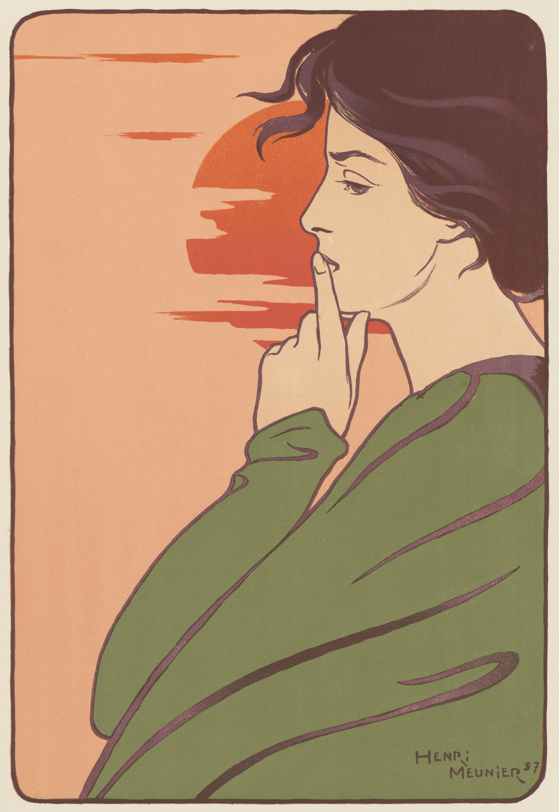 Art Nouveau-style illustration of a woman with a sunset in the background