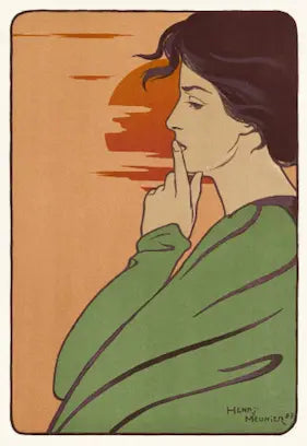 High quality Giclée reproduction of Henri Meunier's 1897 Art Nouveau print, "L'Heure du Silence," showing a woman in green signaling silence against a red sunset.