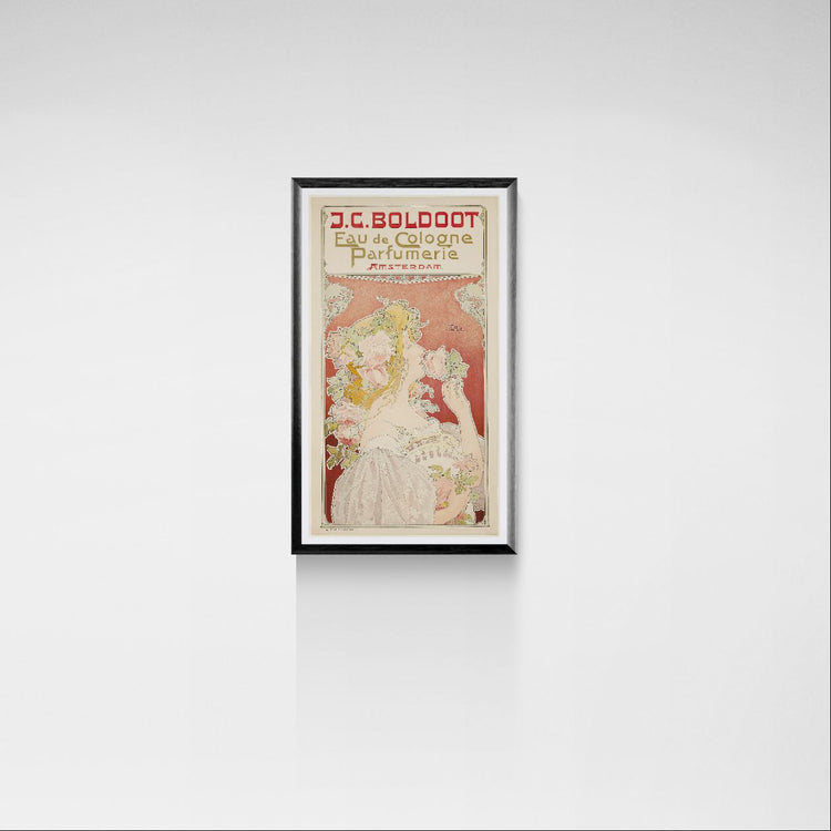 Framed vintage advertisement poster on a white wall