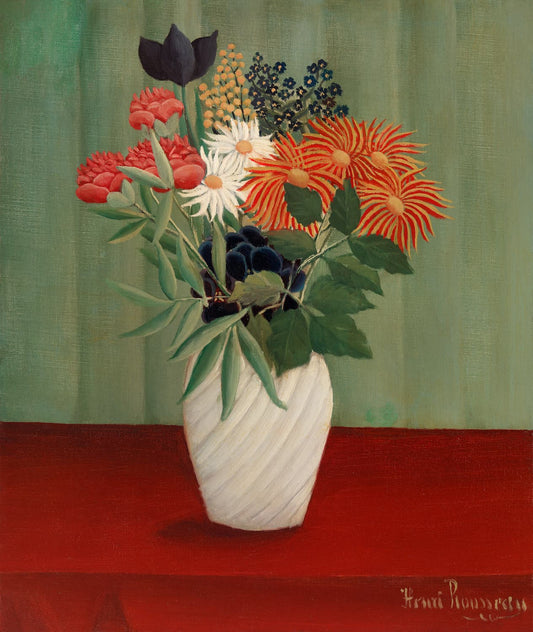 High quality Giclée reproduction of Henri Rousseau's 1910 "Bouquet of Flowers," Naïve Art still life with red and orange blooms on a red table.