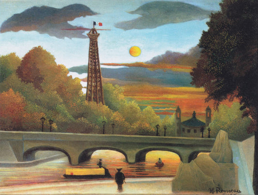 High-quality Giclée reproduction of Henri Rousseau's "Paris at Sunset," featuring a Naïve Art view of a bridge over the Seine River with the Eiffel Tower and a setting sun.