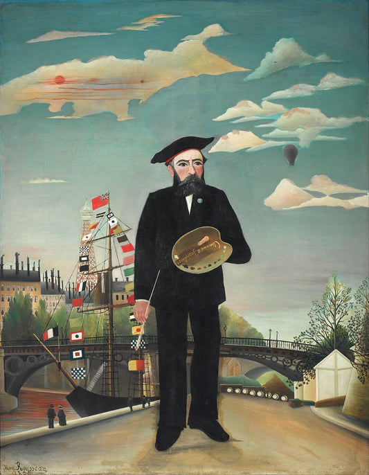 High-quality Giclée reproduction of Henri Rousseau's 1900s "Portrait of the Artist," showing the artist holding a palette, standing by a river and bridge in Paris, with a boat covered in flags, Naïve Art style.