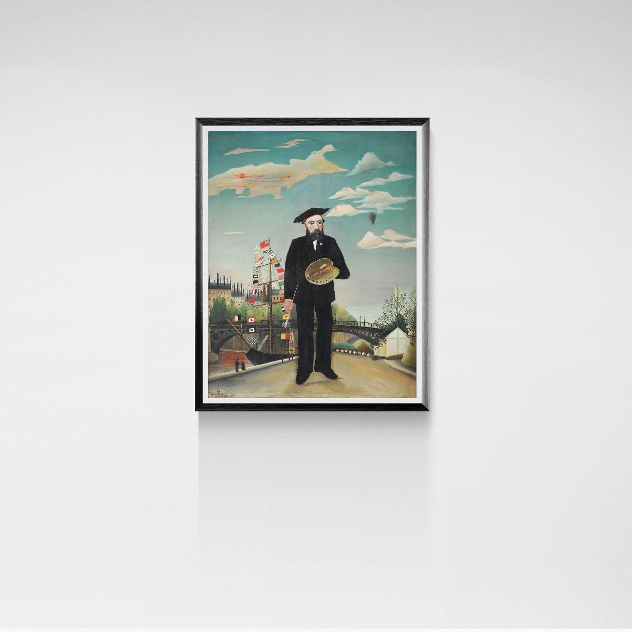 Framed artwork of a man in a black coat standing on a street with buildings and clouds in the background.