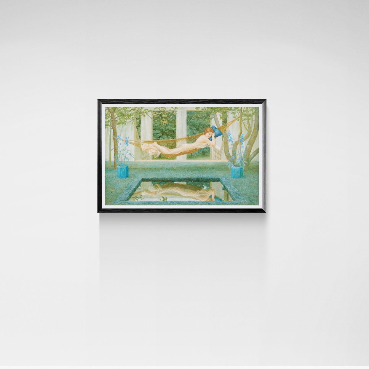 Framed artwork of a woman lying on a hammock with trees in the background.