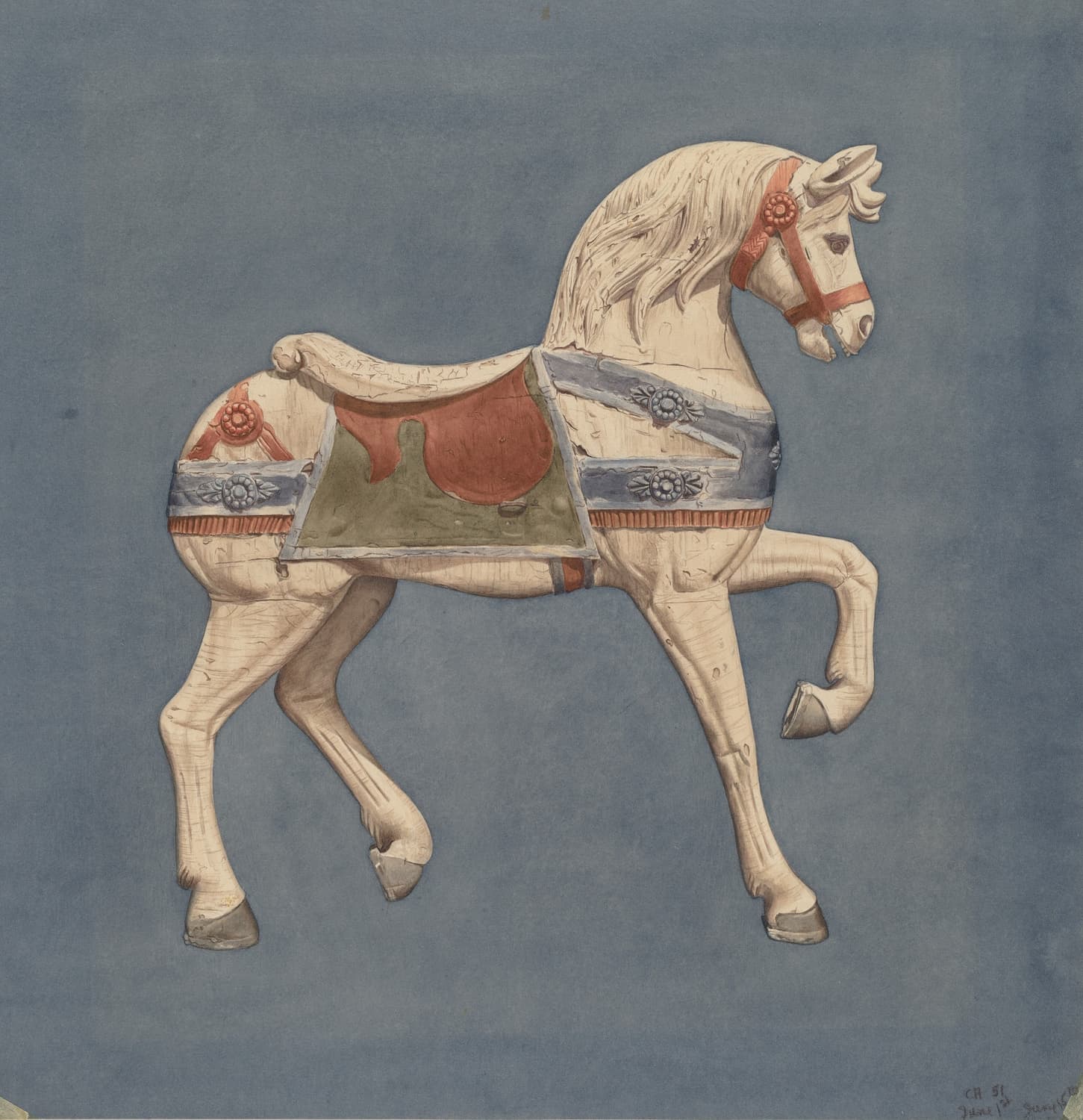 Museum-quality Giclée reproduction of Henry Murphy's vintage 1930s Carousel Horse print, featuring a charming folk art painting of a white, carved wooden horse figure against a soft blue-gray background. Ideal for nursery or eclectic decor.