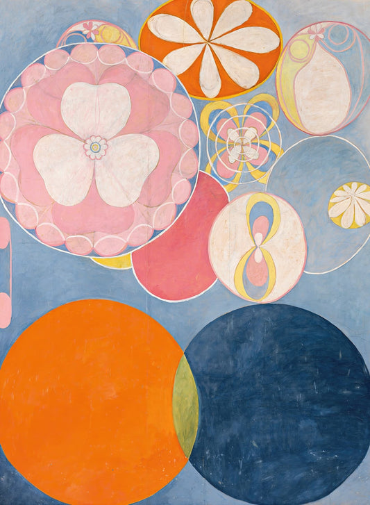 Colorful abstract design with circular shapes on a blue background
