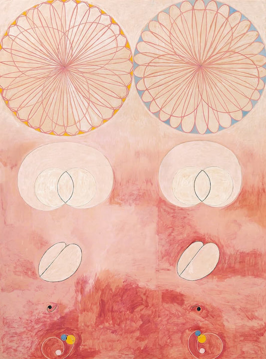 Abstract art print featuring geometric patterns, including two large circular floral-like designs at the top, two oval forms in the middle, and textured pink and coral brushstrokes at the bottom.