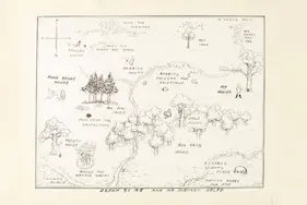 Vintage-style map of Hundred Acre Wood with illustrations of trees and animals on a plain background