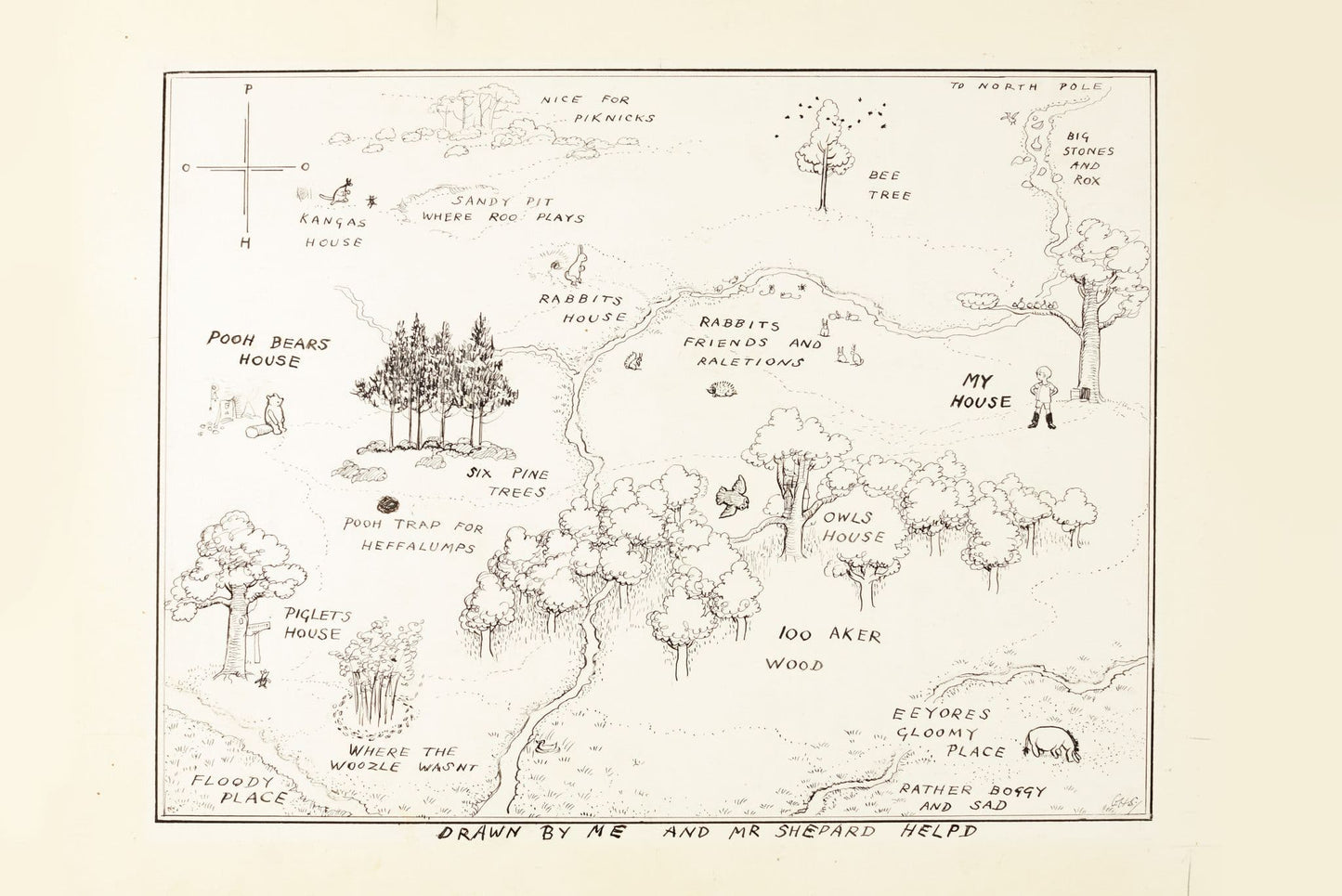 Hand-drawn Winnie the Pooh print map of a fantasy landscape with various elements and text labels.