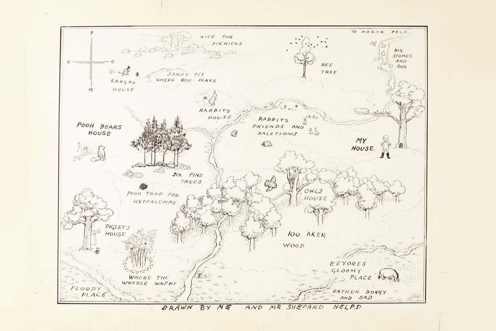 Hand-drawn Winnie the Pooh print map of a fantasy landscape with various elements and text labels.