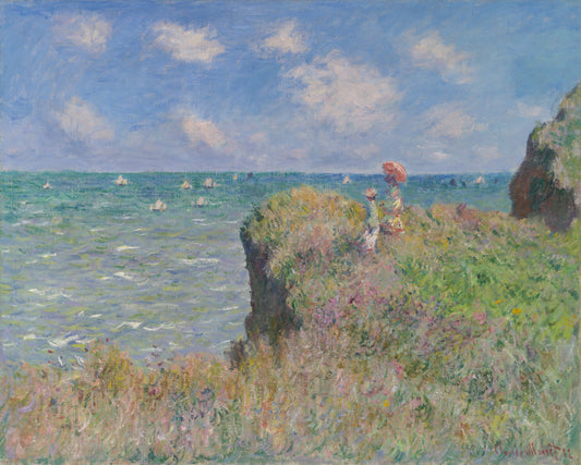 Sunny cliff walk at Pourville (1880s) | Claude Monet beach painting