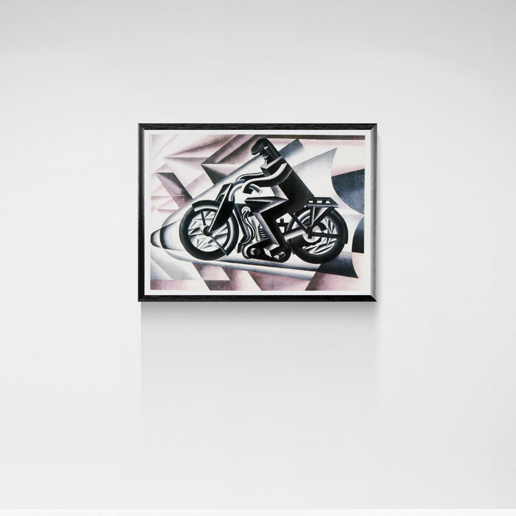 Framed artwork of a motorcycle on a white wall