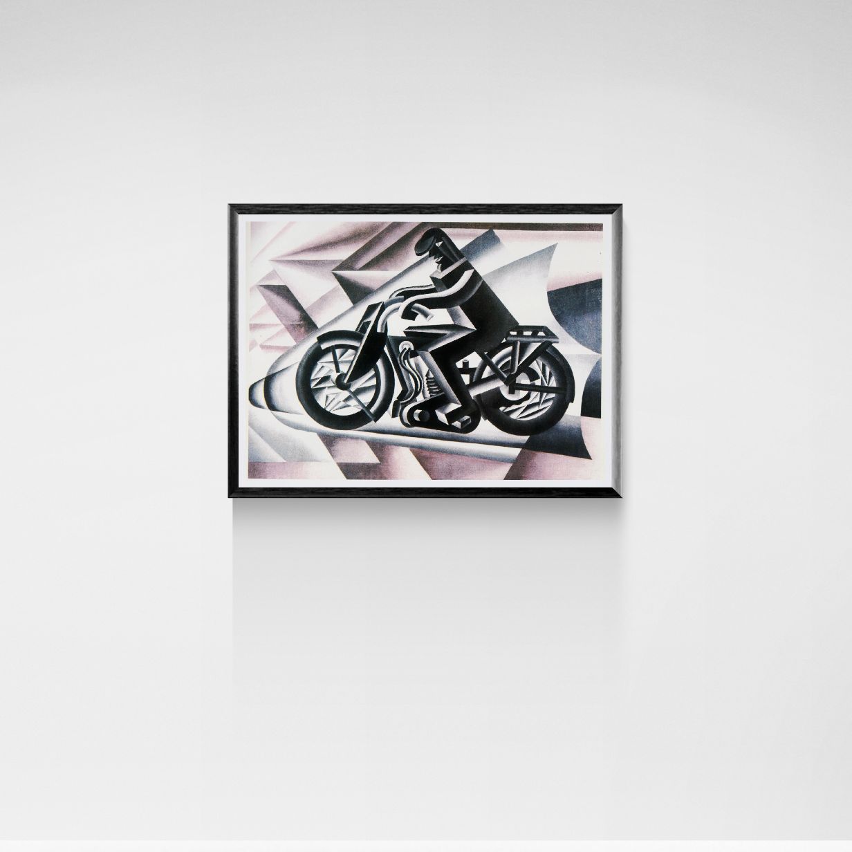 Framed artwork of a motorcycle on a white wall