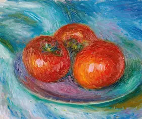 High-quality Giclée reproduction of James Glackens' impressionist oil painting showing three large, red tomatoes resting on a teal and blue cloth or bowl, vintage 1900s American still life.