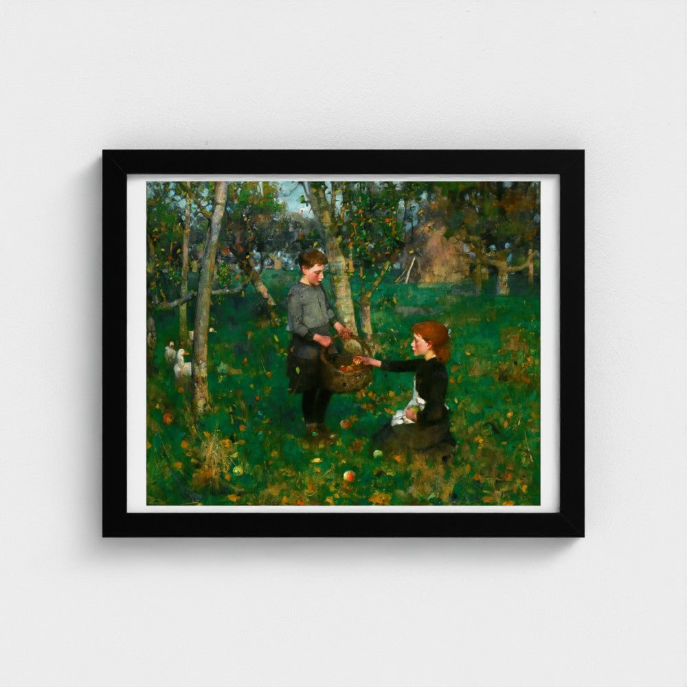 Framed painting of two people in a forest setting