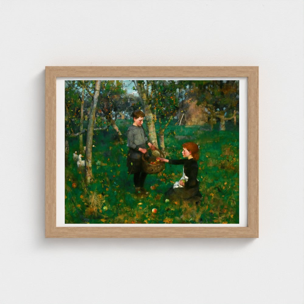 Framed painting of two people in a forest setting on a white wall.