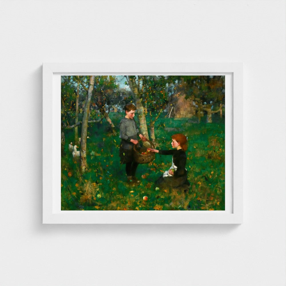 Framed painting of a couple in an apple orchard on a white wall