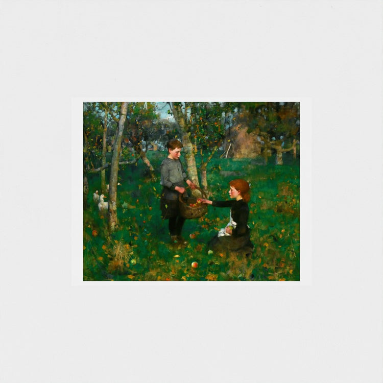 Sir James Guthrie oil painting reproduction In the Orchard showing children harvesting apples in 1885.