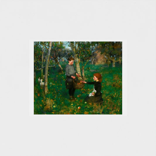 Sir James Guthrie oil painting reproduction In the Orchard showing children harvesting apples in 1885.